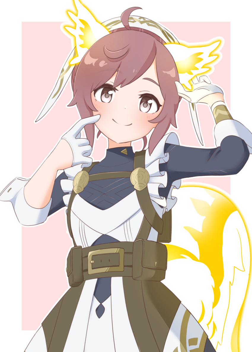 1girl absurdres animal_ears blue_shirt brown_hair closed_mouth cowlick fire_emblem fire_emblem_heroes frilled_sleeves frills glowing_tail gold_trim grey_eyes highres ikonaska leather_belt ratatoskr_(fire_emblem) shirt solo squirrel_ears squirrel_girl