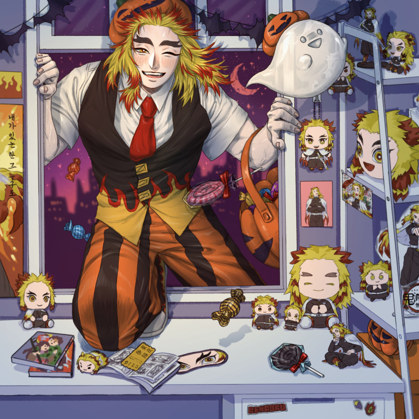 1boy absurdres action_figure basket bat_(animal) bkqoysswsahsgtc blonde_hair blush brown_vest candy food ghost halloween highres holding holding_basket kimetsu_no_yaiba long_hair male_focus manga_(object) multicolored_hair necktie open_mouth pants pumpkin red_hair red_necktie rengoku_kyoujurou shirt smile striped striped_pants stuffed_toy table teeth two-tone_hair upper_teeth_only vest white_shirt window wrapped_candy