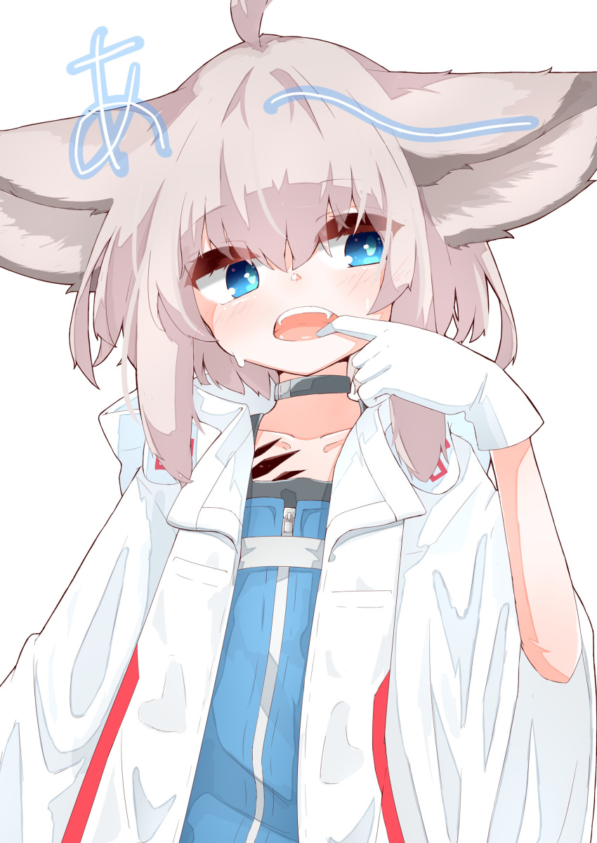 1girl absurdres animal_ears arknights blue_eyes blue_vest coat collarbone finger_in_own_mouth fox_ears fox_girl gloves grey_hair highres open_mouth oripathy_lesion_(arknights) rano_u_rabe short_hair simple_background solo sussurro_(arknights) teeth upper_body upper_teeth_only vest white_background white_coat white_gloves