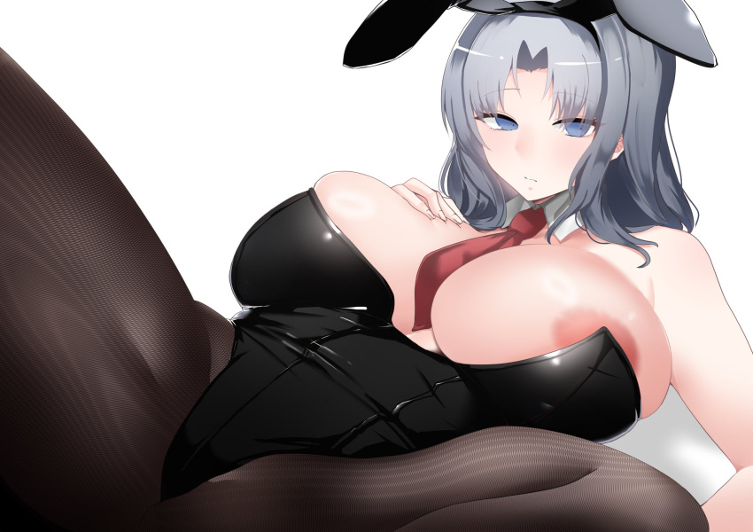 1girl animal_ears areola_slip azareiya_0702 blue_eyes breasts cleavage closed_mouth grey_hair hand_on_own_chest highres huge_breasts looking_at_viewer lying medium_hair necktie on_back pantyhose parted_bangs playboy_bunny rabbit_ears senran_kagura skindentation spread_legs yumi_(senran_kagura)