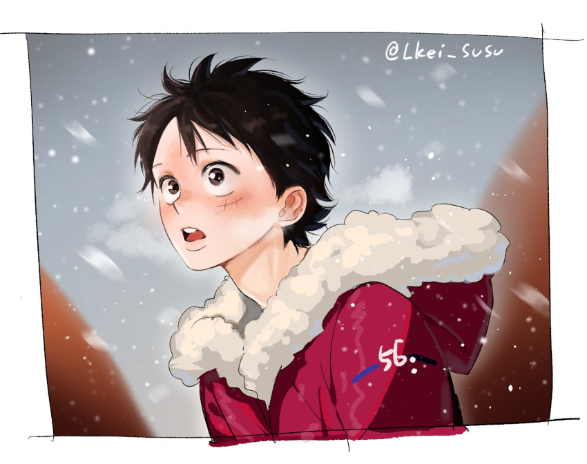 1boy black_hair coat fur_coat fur_trim highres lkei_susu male_focus monkey_d._luffy one_piece open_mouth scar scar_on_cheek scar_on_face short_hair snow snowing teeth winter winter_clothes winter_coat