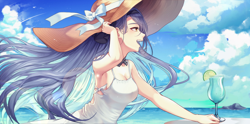 1girl absurdres armpits blue_sky blush breasts cleavage cloud contrail cowboy_shot dress food from_side fruit gangzi_(vtuber) hand_on_headwear hat highres indie_virtual_youtuber large_hat lime_(fruit) lime_slice long_hair medium_breasts myung_yi ocean purple_hair ribbon sideboob sky smile straw_hat sundress tropical_drink virtual_youtuber water white_ribbon yellow_eyes