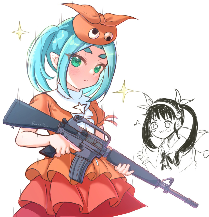 2girls aqua_hair ar-15 assault_rifle child closed_mouth commentary cowboy_shot cropped_torso dress googly_eyes green_eyes gun hachikuji_mayoi hair_ribbon hairband highres holding holding_gun holding_weapon long_hair looking_at_viewer m16 magazine_(weapon) medium_hair monogatari_(series) multicolored_clothes multicolored_dress multiple_girls neck_ribbon ononoki_yotsugi orange_dress orange_headwear otaichiichi petite pointy_ears puffy_short_sleeves puffy_sleeves red_dress ribbon rifle school_uniform short_eyebrows short_sleeves sidelocks simple_background sparkle thick_eyebrows thumbs_up trigger_discipline twintails weapon white_background