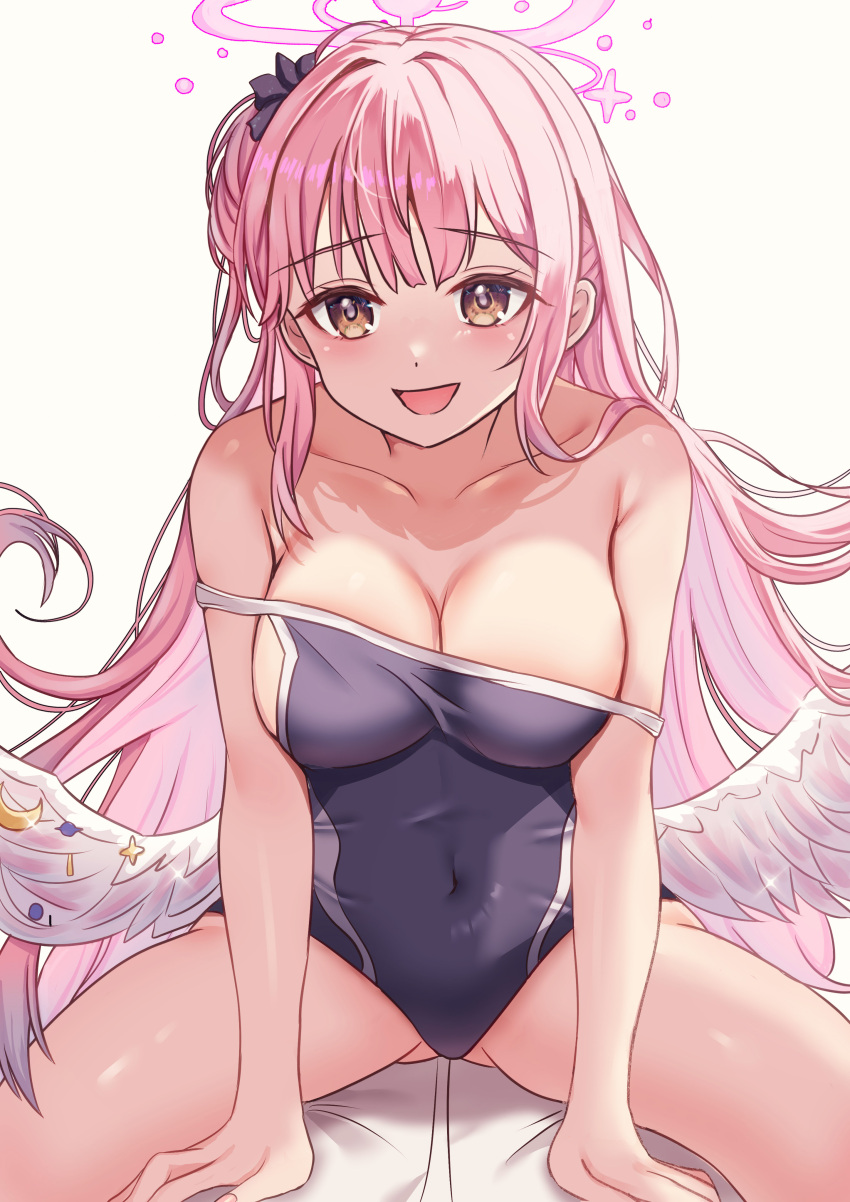 1girl absurdres akuakuran angel_wings ass_visible_through_thighs blue_archive blue_one-piece_swimsuit breasts cleavage collarbone commentary_request covered_navel crescent double_strap_slip feathered_wings girl_on_top glint hair_bun hair_intakes hair_ornament halo highres large_breasts long_hair looking_at_viewer low_wings mika_(blue_archive) one-piece_swimsuit open_mouth pink_hair pink_halo raised_eyebrows school_swimsuit simple_background single_side_bun smile solo_focus spread_legs swimsuit thighs white_background white_wings wings yellow_eyes