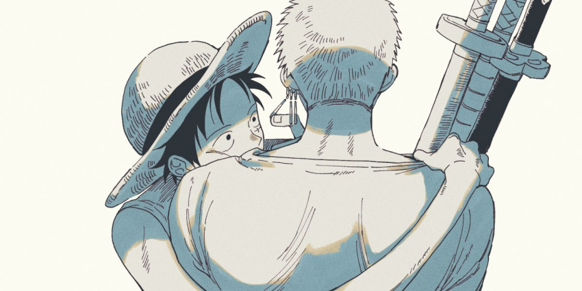 2boys adjusting_earrings back couple earrings hat head_on_another's_shoulder hug jewelry living_(nsiring) male_focus monkey_d._luffy monochrome multiple_boys one_piece roronoa_zoro scar scar_on_cheek scar_on_face short_hair simple_background single_earring straw_hat stretched_limb sword upper_body weapon yaoi