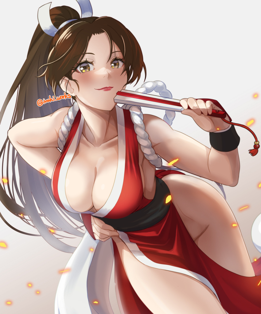 1girl arm_guards bare_shoulders breasts brown_hair cleavage collarbone cowboy_shot fatal_fury hand_fan high_ponytail highres holding holding_fan ivuki japanese_clothes looking_at_viewer pelvic_curtain revealing_clothes shiranui_mai smile snk solo the_king_of_fighters thighs twitter_username