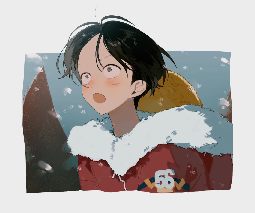 1boy black_hair coat fur_coat hat hat_on_back highres male_focus monkey_d._luffy numata_(oioioioiai) one_piece open_mouth scar scar_on_cheek scar_on_face short_hair