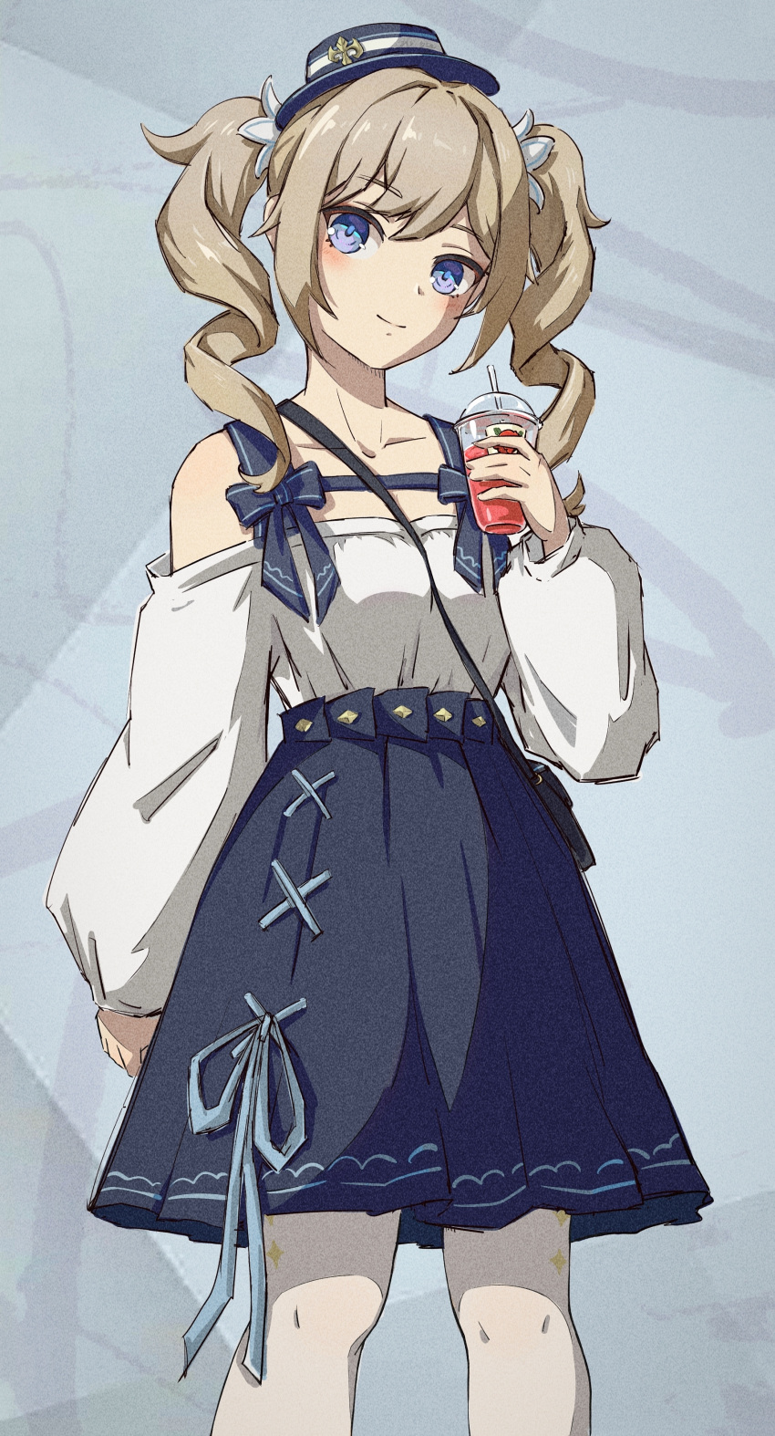 1girl absurdres alternate_costume barbara_(genshin_impact) bare_shoulders blonde_hair blue_eyes blue_headwear blue_skirt collarbone cup disposable_cup drill_hair feet_out_of_frame genshin_impact head_tilt heshandepingtouge highres holding holding_cup long_hair long_sleeves looking_at_viewer off-shoulder_shirt off_shoulder pantyhose shirt skirt smile solo standing twin_drills twintails white_pantyhose white_shirt