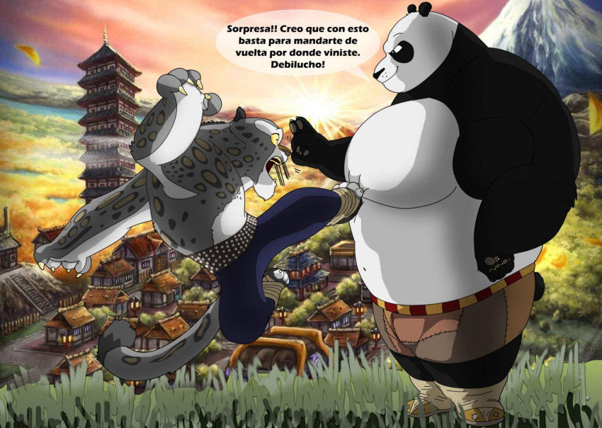 2015 anthro bear black_body black_fur bottomwear building clothed clothing digital_media_(artwork) dreamworks duo felid fur giant_panda grass grey_body grey_fur kick kung_fu_panda male mammal master_po_ping muscular muscular_anthro muscular_male open_mouth pantherine pants plant snow_leopard spanish_text speech_bubble spots spotted_body spotted_fur tai_lung_(kung_fu_panda) text translation_request whiskers white_body white_fur xxsparcoxx yellow_sclera