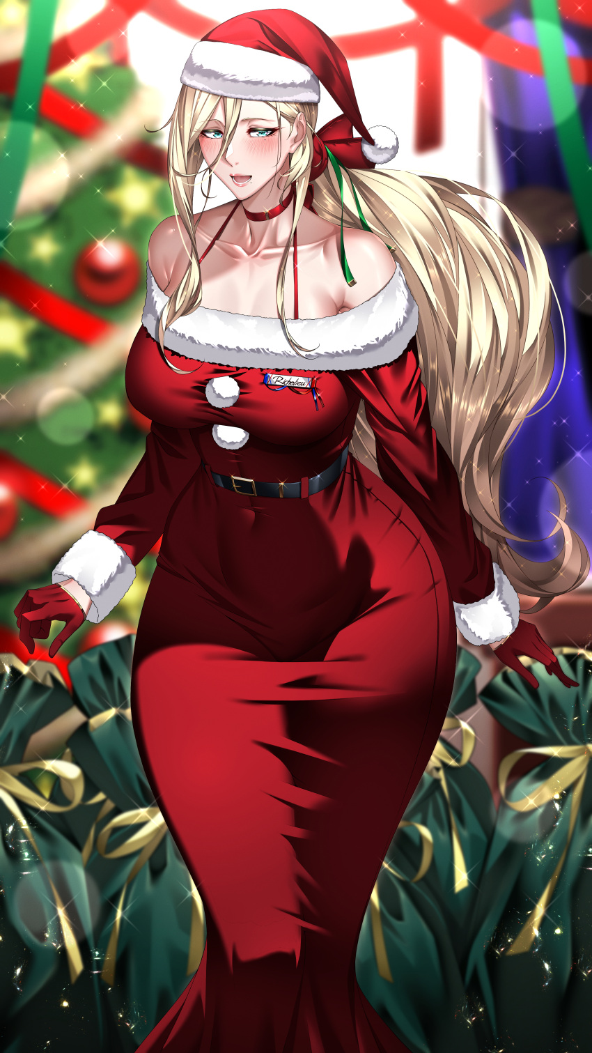 1girl absurdres alternate_costume alternate_hairstyle aqua_eyes belt black_belt blonde_hair breasts christmas dress fur-trimmed_dress fur-trimmed_headwear fur-trimmed_sleeves fur_trim gloves hair_between_eyes half_gloves hat highres kantai_collection kome_cola large_breasts long_dress long_hair long_sleeves mole mole_under_eye mole_under_mouth red_dress red_gloves red_headwear richelieu_(kancolle) santa_dress santa_hat solo very_long_hair