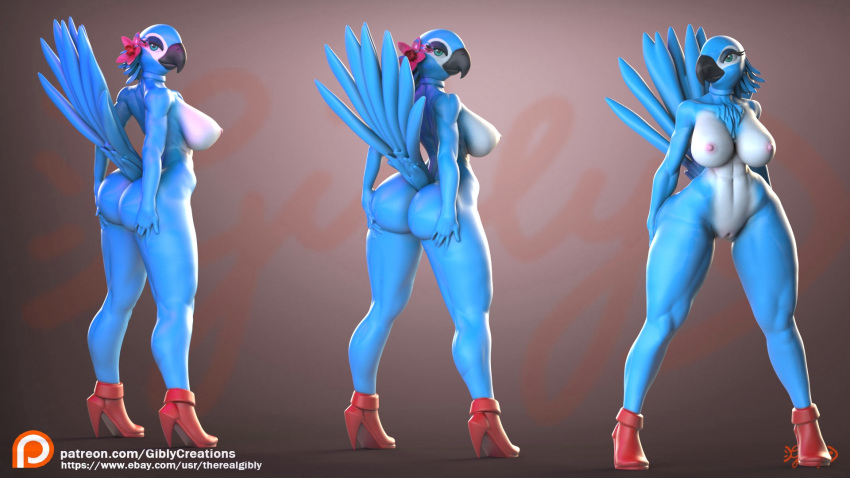 3d_(artwork) accessory anthro avian beak big_breasts big_butt bird blue_sky_studios breasts butt clothing digital_media_(artwork) feathers female flower flower_in_hair footwear genitals gibly hair hair_accessory hi_res high_heels hybrid jewel_(rio) mostly_nude muscular muscular_female nipples plant presenting presenting_hindquarters pussy rio_(series) simple_background solo spread_butt spreading standing thick_thighs