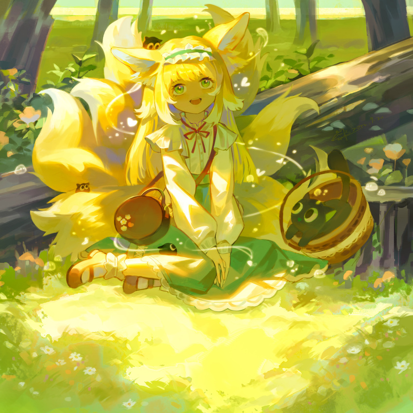 1girl absurdres animal_ears arknights bag basket black_cat blonde_hair blue_hairband blue_skirt brown_bag brown_footwear cat commentary forest fox_ears fox_girl fox_tail frilled_hairband frills full_body green_eyes hairband heixiu highres kitsune kyuubi long_hair long_sleeves luo_xiaohei luo_xiaohei_zhanji lyuqiu mary_janes multiple_tails nature neck_ribbon official_alternate_costume open_mouth outdoors red_ribbon ribbon shoes shoulder_bag sitting skirt solo suzuran_(arknights) suzuran_(spring_praise)_(arknights) tail teeth tree_stump upper_teeth_only yokozuwari