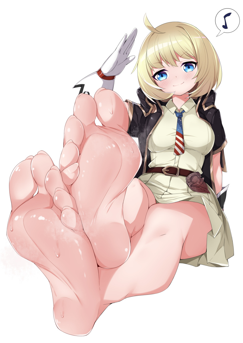 1girl absurdres ahoge american_flag american_flag_print barefoot belt black_jacket blonde_hair blue_eyes blush breasts chashuwu closed_mouth collared_shirt commentary feet flag_print foot_focus full_body girls'_frontline gloves highres holster jacket large_breasts legs looking_at_viewer m1911_(girls'_frontline) musical_note necktie pleated_skirt print_necktie salute shirt short_hair short_sleeves simple_background sitting skirt smell smile soles solo spoken_musical_note steaming_body sweat toenails toes variant_set white_background white_gloves white_shirt white_skirt