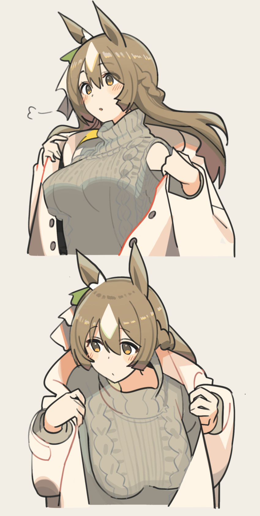 1girl absurdres alternate_costume animal_ears ashinowoto blush breasts brown_eyes brown_hair brown_sweater diamond_(shape) double-parted_bangs grey_background hair_between_eyes highres horse_ears horse_girl jacket large_breasts long_hair looking_ahead multicolored_hair multiple_views open_mouth satono_diamond_(umamusume) simple_background solo streaked_hair sweater umamusume upper_body white_hair white_jacket