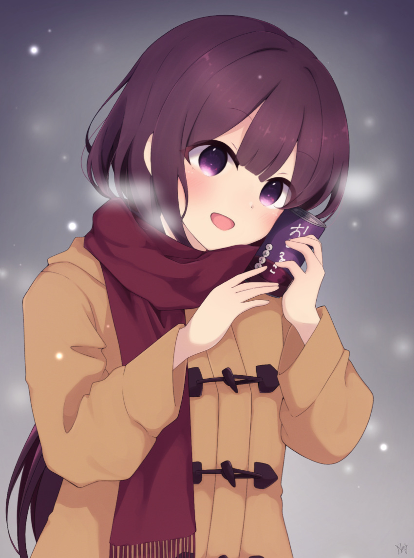 1girl blush breath can can_to_cheek coat duffel_coat highres holding holding_can long_hair long_sleeves looking_at_viewer open_mouth original purple_eyes purple_hair rageno0000 scarf shiruko_(food) smile snowing solo upper_body very_long_hair