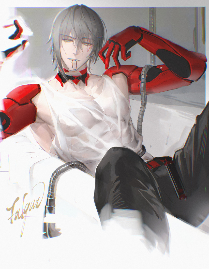 1boy absurdres bathtub belt belt_buckle black_belt black_pants buckle character_name commentary english_commentary feet_out_of_frame fulgur_ovid grey_background grey_eyes grey_hair highres indoors kami_off_record looking_at_viewer male_focus mechanical_arms mouth_hold nijisanji nijisanji_en open_mouth pants partially_undressed pectoral_cleavage pectorals ponytail_holder see-through short_hair shower_head smile solo tank_top teeth two-tone_background virtual_youtuber wet white_background white_tank_top