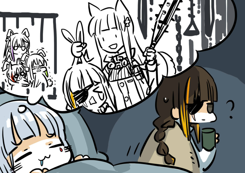 &gt;_o 5girls :3 :d =_= animal_ears anti-rain_(girls'_frontline) black_eyes blanket blonde_hair blunt_bangs braid brown_hair chain chibi chinese_commentary closed_eyes closed_mouth club_hair_ornament commentary_request cup dreaming drooling eyepatch girls'_frontline grabbing_another's_ear green_hair grey_hair hand_on_another's_ear highres hk416_(girls'_frontline) holding holding_cup holding_weapon iron_bars jacket jitome kemonomimi_mode long_hair long_sleeves looking_back m16a1_(girls'_frontline) m4_sopmod_ii_(girls'_frontline) m4a1_(girls'_frontline) mug multicolored_hair multiple_girls o_o one_eye_closed open_mouth partially_colored pillow purple_hair rabbit_ears rabbit_tail red_hair scar scar_across_eye scared single_braid sleeping smile spiked_bat square_mouth st_ar-15_(girls'_frontline) streaked_hair su_xiao_jei sweatdrop tail teardrop_facial_mark tears thought_bubble trembling under_covers very_long_hair weapon wolf_ears wolf_tail |_|