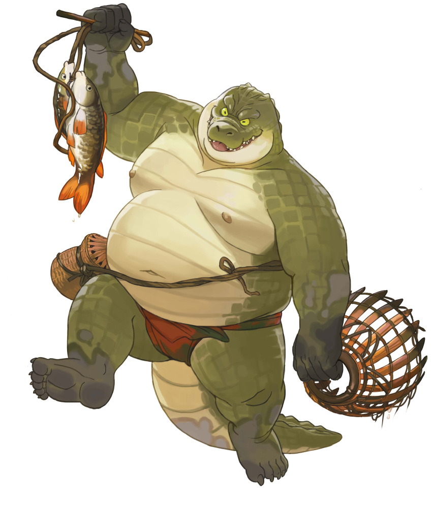 2022 absurd_res anthro asian_clothing belly big_belly clothing crocodile crocodilian crocodylid east_asian_clothing fundoshi green_body hi_res humanoid_hands huynhduyad14 japanese_clothing kemono male moobs navel nipples overweight overweight_male red_clothing red_fundoshi red_underwear reptile scalie simple_background solo underwear white_background