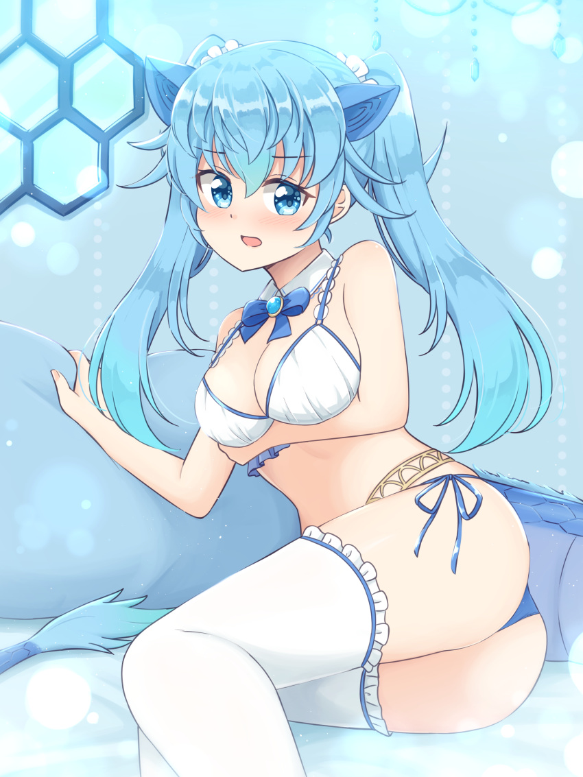 1girl absurdres animal_ears belly_chain bikini blue_bikini blue_bow blue_bowtie blue_eyes blue_hair blush bow bowtie breast_hold breasts collar commentary_request commission detached_collar dragon_girl dragon_tail frilled_bikini frilled_thighhighs frills highres jewelry kemono_friends light_frown long_hair looking_at_viewer lying medium_breasts mismatched_bikini on_side open_mouth partial_commentary seiryuu_(kemono_friends) shiraha_maru side-tie_bikini_bottom skeb_commission solo swimsuit tail thighhighs twintails white_bikini white_collar white_thighhighs