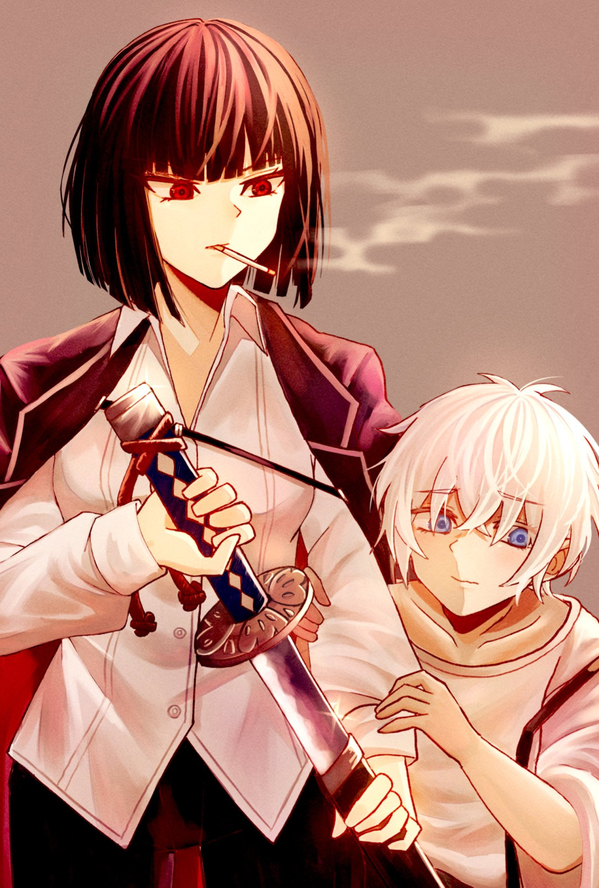 2girls black_hair blue_eyes cigarette collared_shirt crayon_(project_moon) grey_background highres holding holding_sword holding_weapon jacket katana limbus_company looking_at_another mouth_hold multiple_girls nabceleve pants project_moon red_eyes ryoshu_(project_moon) sheath shirt short_hair sideways_glance simple_background smoke sword unsheathing weapon white_hair white_shirt