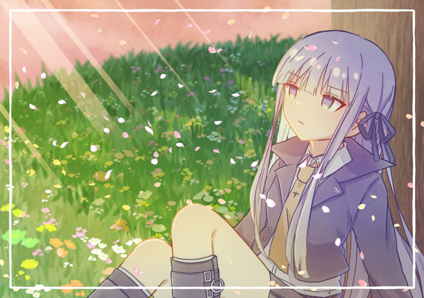 1girl black_ribbon braid brown_necktie collared_shirt danganronpa:_trigger_happy_havoc danganronpa_(series) day frown grass hair_ribbon highres jacket kari_(nanasidane) kirigiri_kyoko knees_up long_hair looking_up necktie open_clothes open_jacket outdoors petals pink_eyes pink_hair ribbon shirt side_braid sitting solo tree