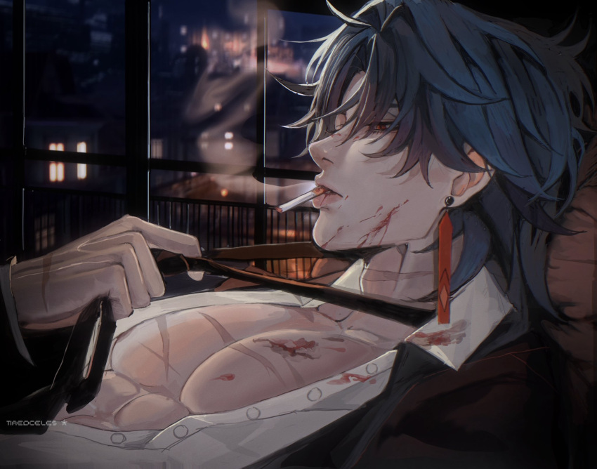 1boy abs black_coat blade_(honkai:_star_rail) blood blood_on_clothes blood_on_face cigarette coat collared_shirt earrings green_hair highres honkai:_star_rail honkai_(series) injury jewelry large_pectorals necktie pectorals pulling red_eyes scar scar_on_chest shirt smoking tassel tassel_earrings tiredceles unbuttoned window