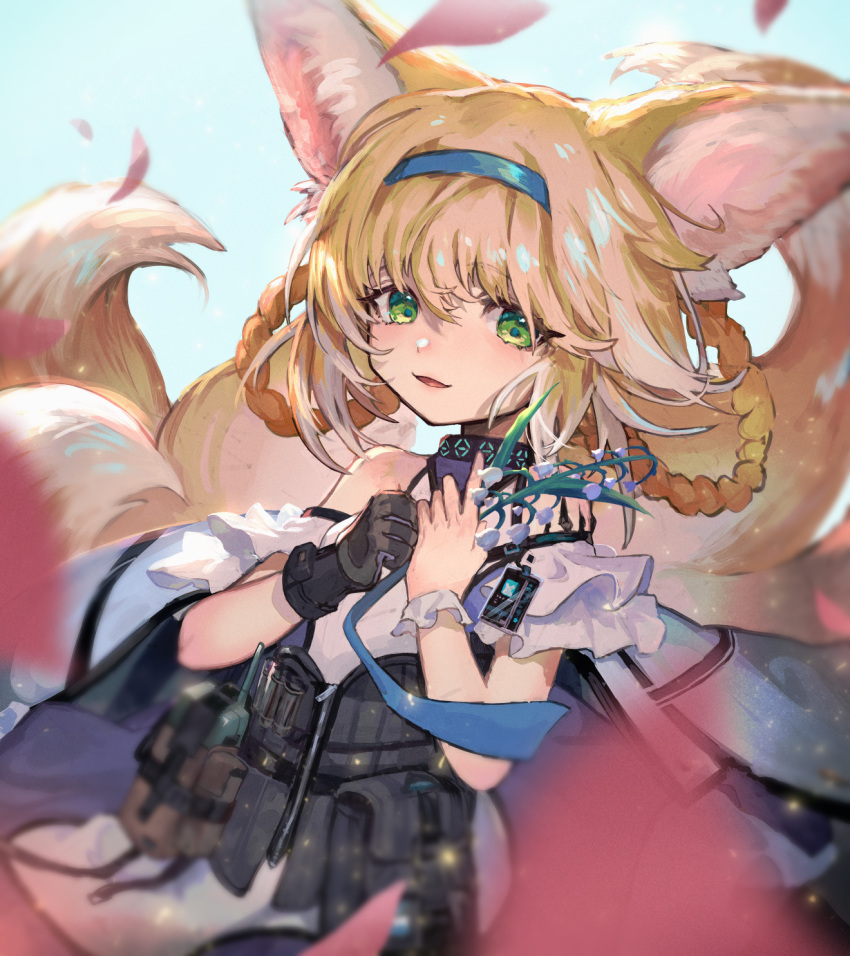 1girl animal_ears arknights black_gloves blue_hairband braid braided_hair_rings commentary_request flower fox_ears fox_girl fox_tail gloves green_eyes hairband highres holding holding_flower infection_monitor_(arknights) kitsune kyuubi lily_of_the_valley looking_at_viewer multiple_tails name_connection nijimaarc object_namesake open_mouth oripathy_lesion_(arknights) short_hair single_glove solo suzuran_(arknights) tail twin_braids upper_body white_hair wrist_cuffs