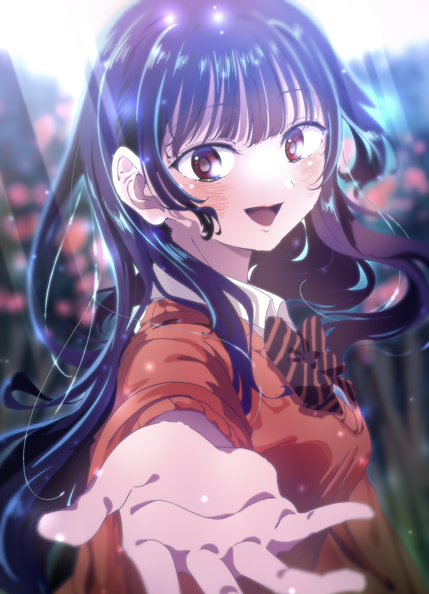 1girl black_neckerchief blue_hair blush boku_no_kokoro_no_yabai_yatsu brown_eyes cardigan close-up dark_blue_hair highres kaoryu-kun long_hair neckerchief open_mouth orange_neckerchief reaching reaching_towards_viewer red_cardigan solo sunlight two-tone_neckerchief upper_body yamada_anna