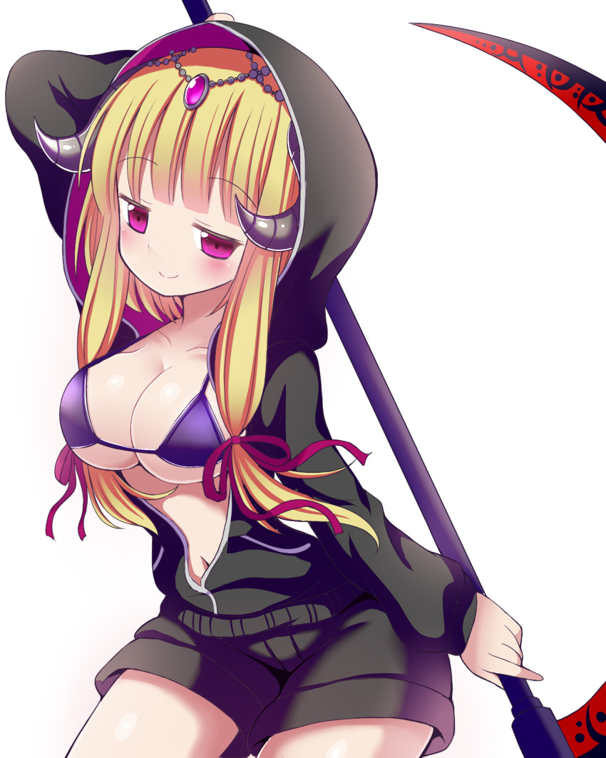 1girl arm_behind_head arm_up bikini bikini_under_clothes black_jacket black_shorts blonde_hair breasts character_request chouhakai!!_barbarossa cleavage closed_mouth collarbone demon_horns givuchoko hair_ribbon highres holding holding_scythe hood hood_up hooded_jacket horns jacket large_breasts long_hair long_sleeves navel puffy_long_sleeves puffy_sleeves purple_bikini purple_eyes purple_ribbon ribbon scythe short_shorts shorts simple_background sitting smile solo swimsuit very_long_hair white_background