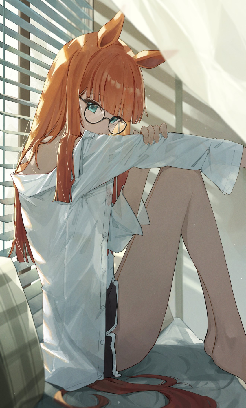 1girl animal_ears aqua_eyes bespectacled black_shorts blunt_bangs closed_mouth commentary_request dolphin_shorts glasses highres holding_own_arm horse_ears horse_girl horse_tail indoors knees_up long_hair long_sleeves looking_at_viewer ningen_gokko open_clothes open_shirt orange_hair round_eyewear shirt short_shorts shorts silence_suzuka_(umamusume) solo tail thighs umamusume white_shirt