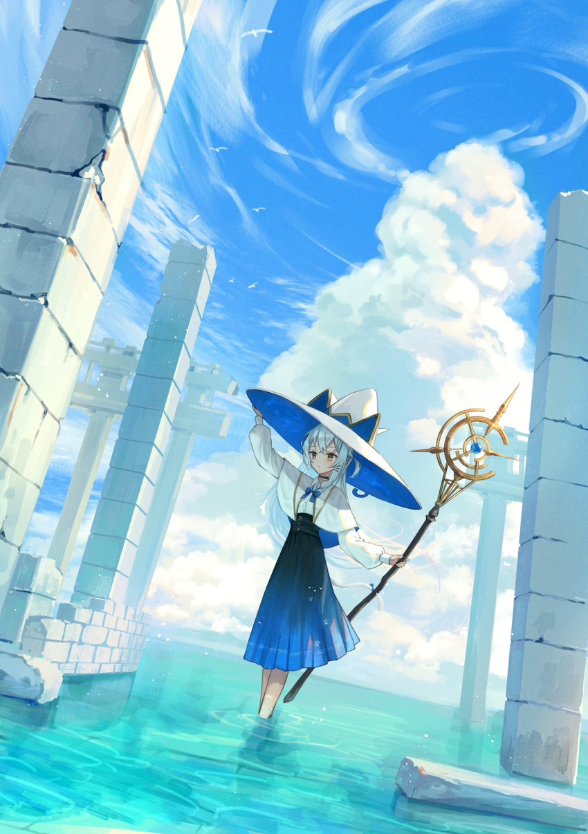 1girl blue_skirt blue_sky brown_eyes capelet cloud cloudy_sky column commentary_request cumulonimbus_cloud day dutch_angle grey_hair hat highres holding holding_staff long_hair long_skirt long_sleeves mage_staff original outdoors pillar ribbon skirt sky solo staff standing very_long_hair wading water white_capelet white_headwear wide_shot witch witch_hat xyunx