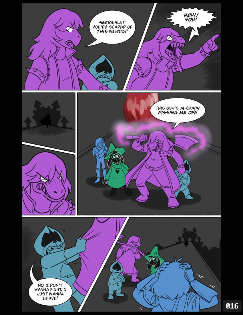 2018 ambiguous_gender anthro axe battle_axe black_body black_fur bovid caprine clothed clothing comic darkner deltarune dialogue digital_media_(artwork) english_text eye_through_hair eyewear female fur glasses goat group hair hair_over_eyes hat headgear headwear hi_res human kris_(deltarune) lancer_(deltarune) lynxgriffin male mammal monster ralsei reptile scalie scarf sharp_teeth spades speech_bubble suit_symbol susie_(deltarune) teeth text translucent translucent_hair undertale_(series)