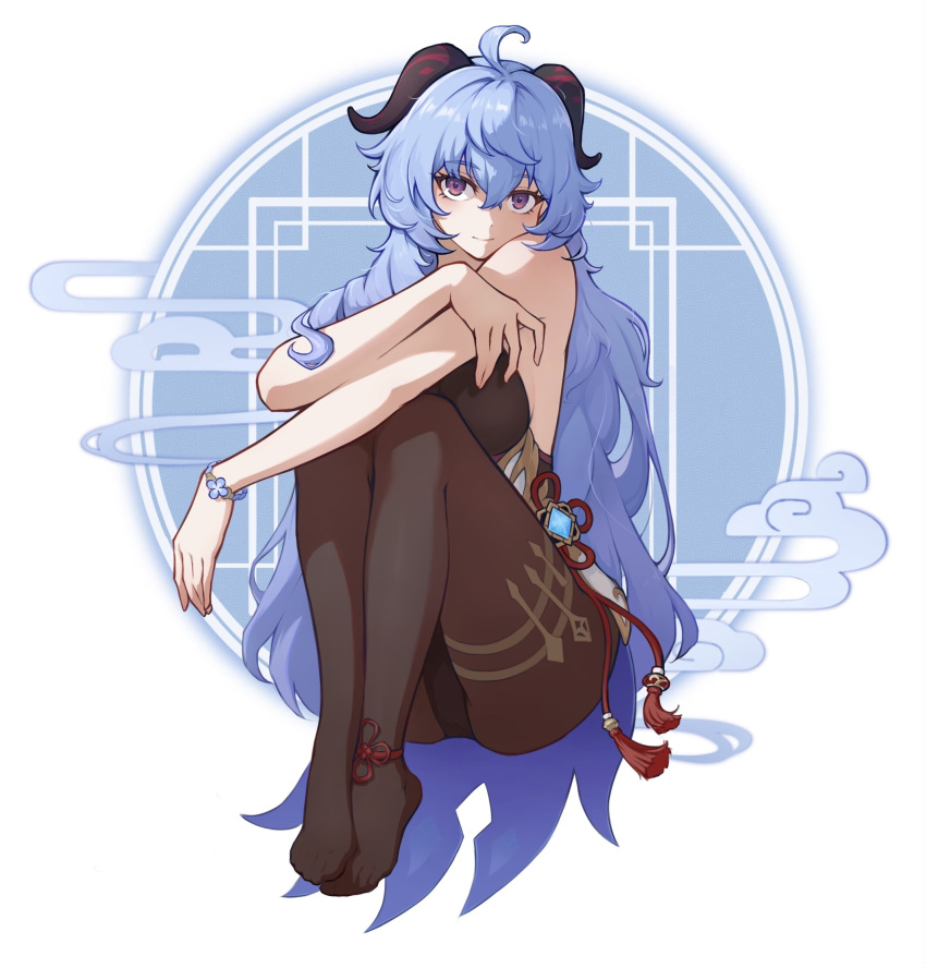 1girl ahoge bare_arms bare_shoulders blue_hair bodystocking cloud_print ganyu_(genshin_impact) genshin_impact hair_between_eyes heshandepingtouge highres horns knees_up long_hair looking_at_viewer no_shoes pantyhose purple_eyes sitting smile solo thighs very_long_hair white_background