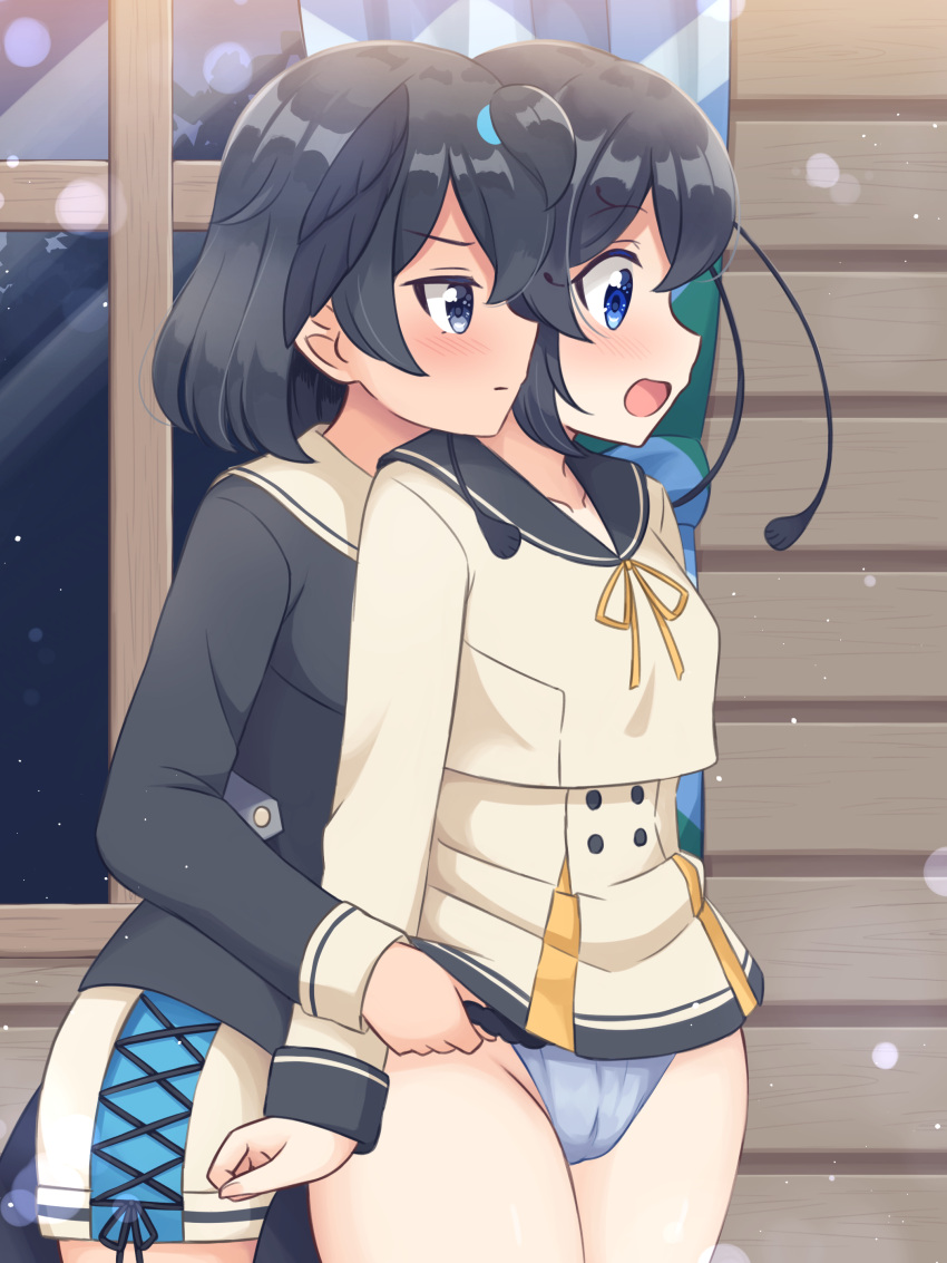 2girls absurdres black_hair black_shirt blue_eyes blue_pants blue_sailor_collar blush bob_cut closed_mouth clothes_lift commentary commission cropped_jacket frown high-waist_skirt highres indoors jacket kemono_friends lifted_by_another long_sleeves multiple_girls night open_mouth panties pants panty_pull pleated_skirt pulled_by_another sailor_collar shiraha_maru shirt short_hair skirt skirt_lift standing superb_bird-of-paradise_(kemono_friends) underwear western_parotia_(kemono_friends) white_jacket white_skirt window yuri