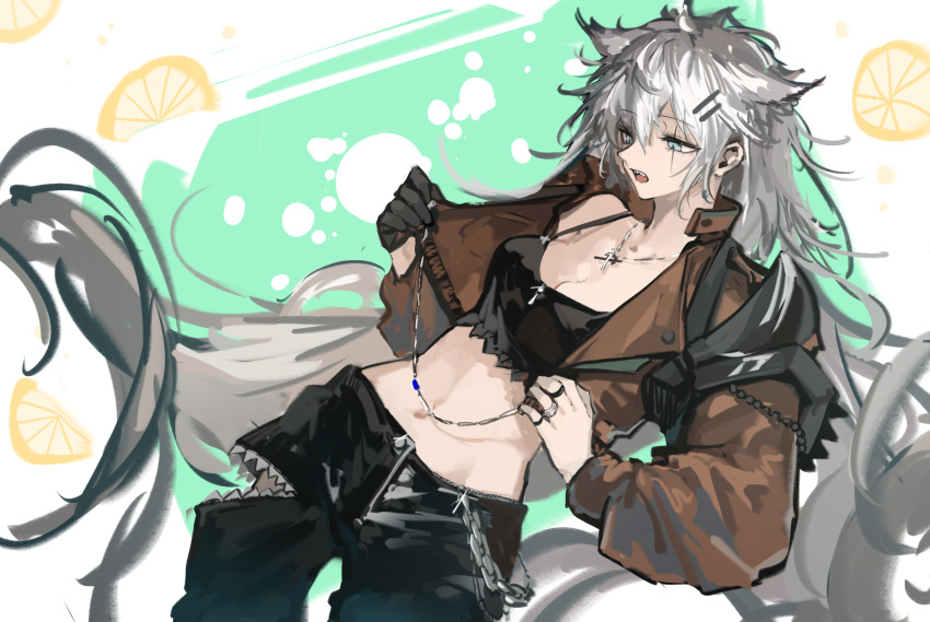 1girl alternate_costume animal_ears aqua_eyes arknights bare_shoulders black_camisole black_gloves black_pants breasts brown_jacket buttons camisole cleavage collarbone cowboy_shot cropped_jacket dutch_angle extra_ears floating_hair food from_side fruit glint gloves green_background grey_hair hair_between_eyes hair_ornament hairclip hands_up high_collar highres jacket jewelry lappland_(arknights) lemon lemon_slice long_hair long_sleeves looking_at_object looking_down medium_breasts messy_hair midriff multiple_rings naijiaer navel necklace open_clothes open_jacket open_mouth pants profile puffy_long_sleeves puffy_sleeves ring scar scar_across_eye scar_on_face sharp_teeth shoulder_strap single_bare_shoulder single_glove single_off_shoulder solo standing stomach sword_necklace teeth torn_clothes torn_pants two-tone_background upper_teeth_only very_long_hair wallet_chain white_background wolf_ears wolf_girl