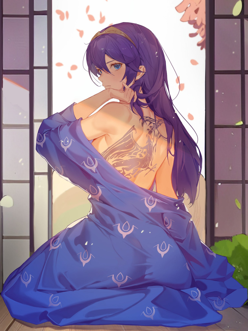 1girl back back_tattoo bare_back bare_shoulders blue_eyes blue_hair closed_mouth dragon_tattoo falling_petals fire_emblem fire_emblem_awakening hair_between_eyes hand_in_own_hair hand_up headband highres japanese_clothes kimono long_hair looking_at_viewer looking_back lucina_(fire_emblem) obsession open_door partially_undressed petals solo symbol-shaped_pupils tattoo