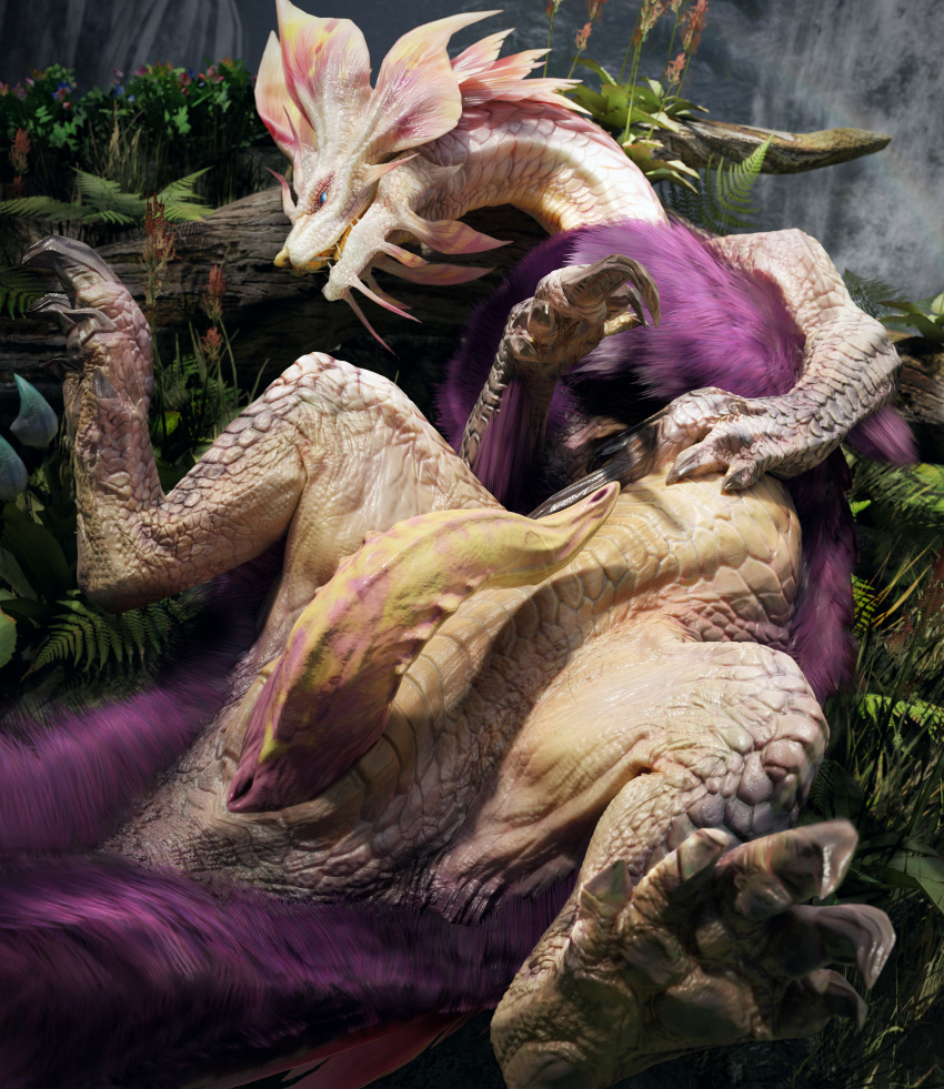 3d_(artwork) absurd_res animal_genitalia anus arm_tuft big_penis blue_eyes capcom chest_tuft claws cloaca cloacal_penis curved_penis detailed_background digital_media_(artwork) erection feet feral fern fin finger_claws flower fluffy fluffy_chest fluffy_tail fur genital_slit genitals grass hair hi_res ivorylagiacrus leviathan_(mh) lying male mizutsune monster_hunter multicolored_body multicolored_penis multicolored_scales on_back on_ground open_mouth outside penis pink_body pink_penis pink_scales plant presenting presenting_penis pupils purple_body purple_fur purple_hair rainbow scales scalie sharp_claws sharp_teeth slit slit_pupils solo spread_legs spreading tail tapering_penis teeth toe_claws tongue trunk tuft waterfall white_body white_scales yellow_penis