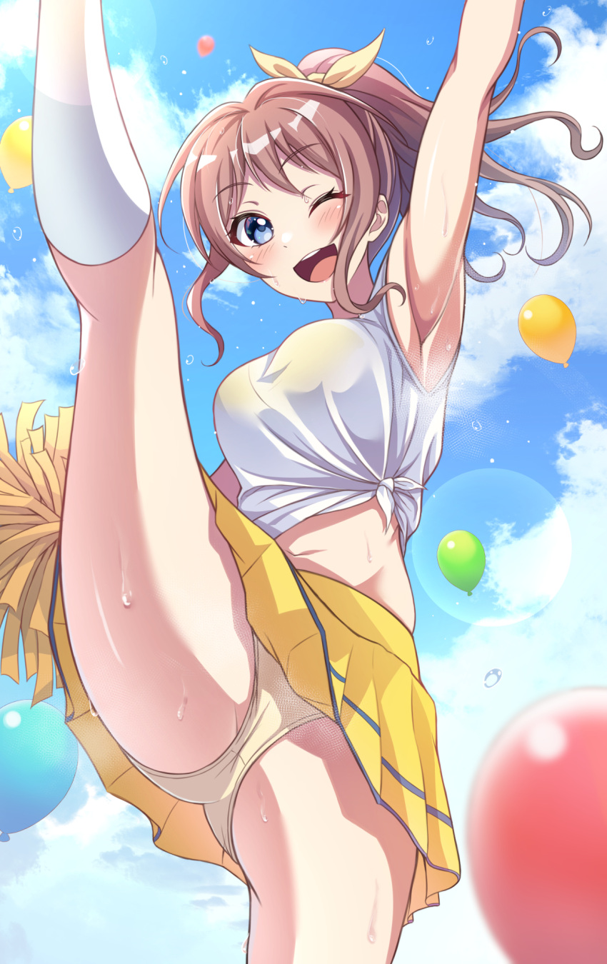 1girl aranami_shibuki armpits bang_dream! blue_eyes breasts brown_hair cheering cheerleader high_ponytail highres holding holding_pom_poms large_breasts leg_lift long_hair looking_at_viewer midriff miniskirt one_eye_closed open_mouth panties pantyshot pleated_skirt pom_pom_(cheerleading) shirt sidelocks skirt sleeveless sleeveless_shirt smile solo sweat tied_shirt underwear wet wet_clothes wet_shirt white_panties white_shirt yamabuki_saya yellow_skirt