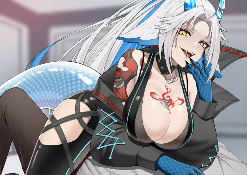 1girl arm_tattoo black_jacket blue_hair blue_horns blurry blurry_background breasts broken_horn chest_tattoo cleavage collar colored_inner_hair dragon_girl dragon_tail grey_hair highres horns indie_virtual_youtuber jacket large_breasts long_hair mole mole_under_eye multicolored_hair open_mouth ray_hime_(vtuber) second-party_source sharp_teeth slit_pupils solo spiked_collar spikes tail tattoo teeth virtual_youtuber yangie37 yellow_eyes