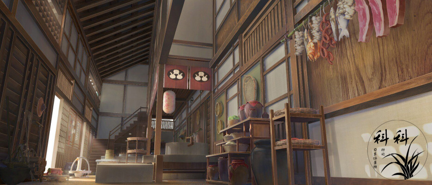 artist_logo fish_(food) food highres indoors jar meat no_humans open_door original scenery shouji sliding_doors stairs table xingzhi_lv