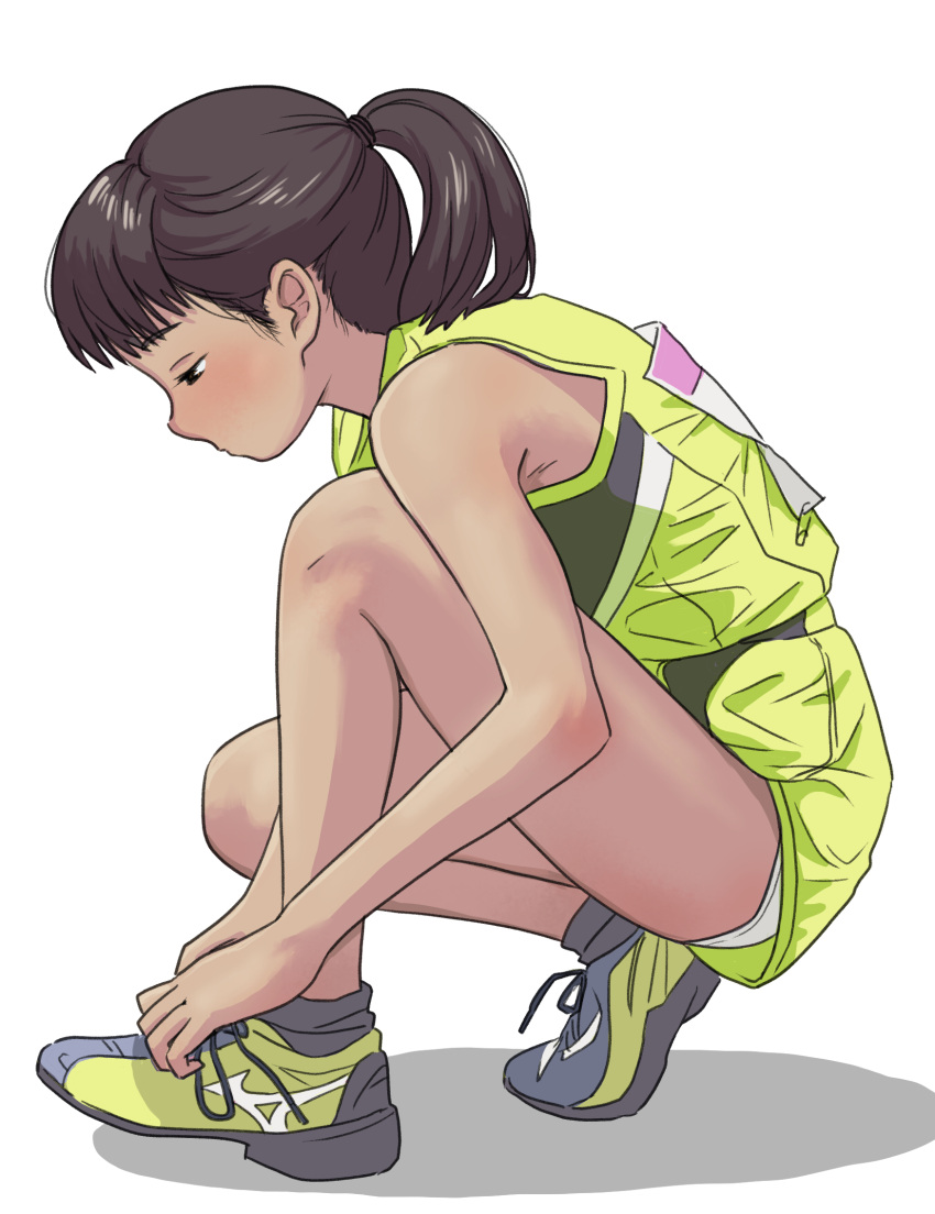 1girl bare_shoulders black_eyes brown_hair commentary_request full_body green_footwear green_shirt green_shorts hair_intakes highres original panties pantyshot ponytail shirt shoelaces shoes short_hair shorts simple_background solo squatting sumiyama track_uniform underwear white_background