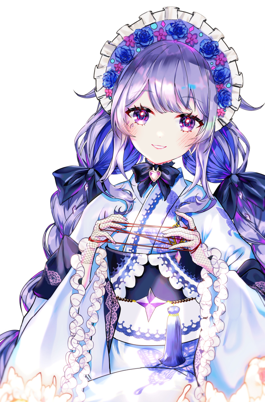 1girl absurdres animal_print blue_kimono blush bonnet braid butterfly_print gloves gradient_hair grey_hair highres hololive hololive_english japanese_clothes jewel_under_eye kimono koseki_bijou koseki_bijou_(new_year) lace-trimmed_gloves lace_trim long_hair looking_at_viewer multicolored_hair official_alternate_costume purple_eyes purple_hair purple_headwear smile solo sowon twin_braids virtual_youtuber white_background