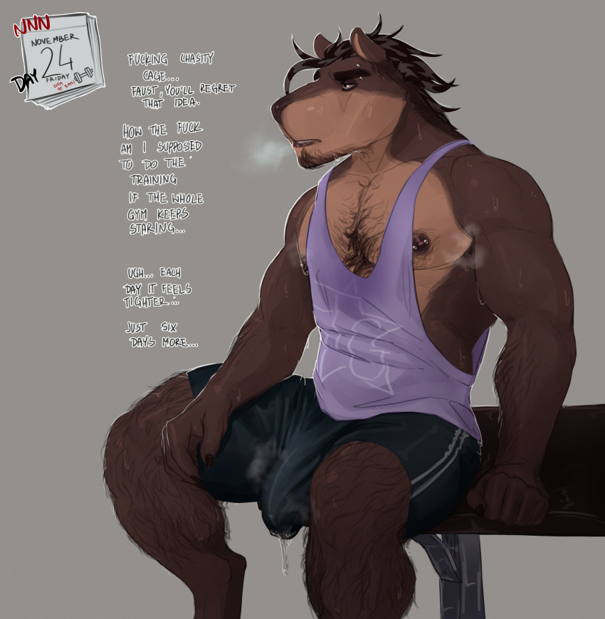 absurd_res anthro armpit_hair big_bulge bodily_fluids body_hair bulge chest_hair chest_tuft clothed clothing dialogue digital_media_(artwork) dripping genital_fluids genital_outline gym hi_res huge_bulge leaking_precum leaking_through_clothing lumarten male mammal muscular muscular_anthro muscular_male nipple_piercing nipples pecs piercing porcupine precum precum_drip richie_(lumarten) rodent shirt simple_background solo sweat tank_top text topwear tuft wet wet_clothing