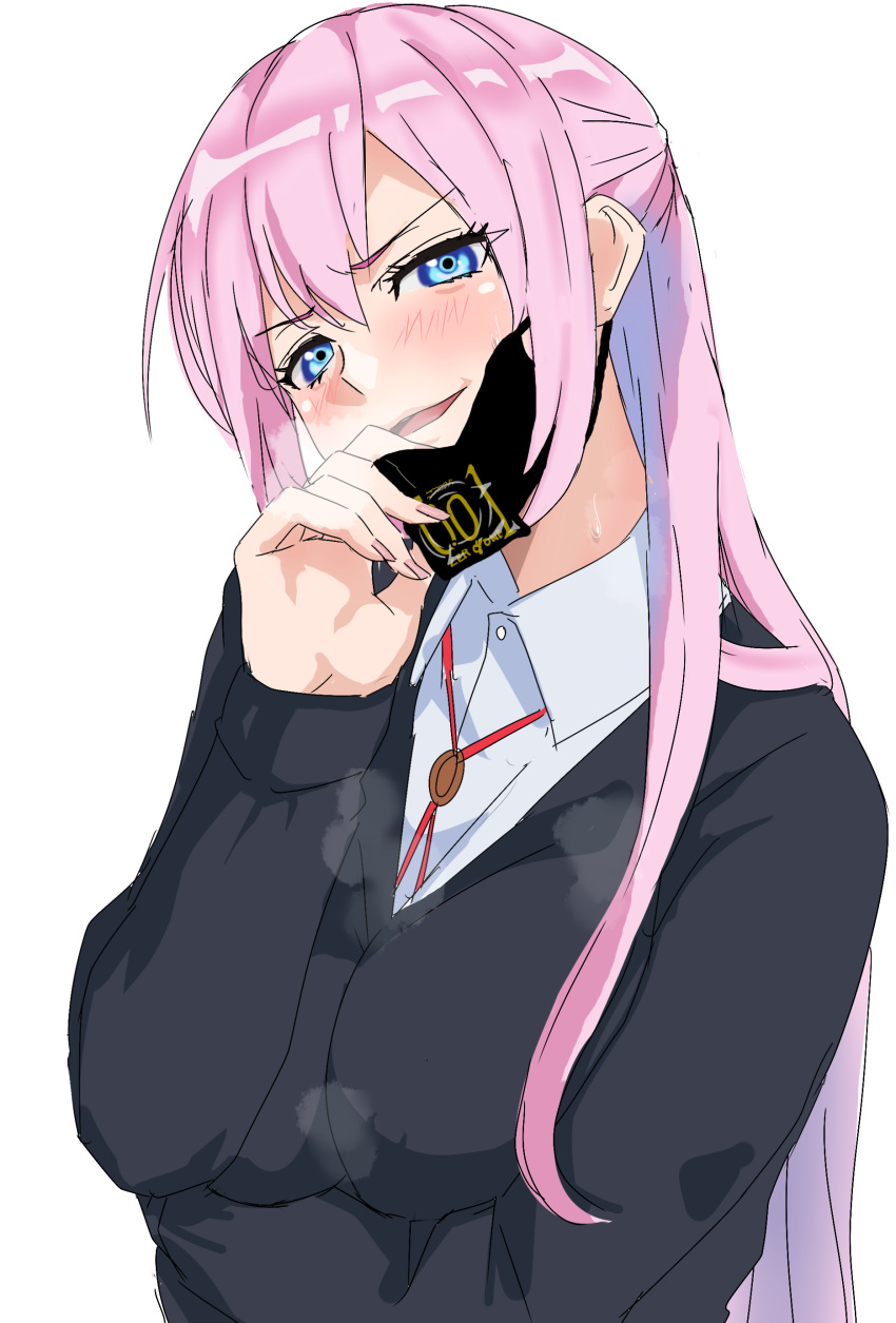 1girl absurdres bangs blue_eyes blush breasts ero_daisuki eyebrows_behind_hair eyebrows_visible_through_hair hair_between_eyes highres jewelry kawaii_dake_ja_nai_shikimori-san long_hair looking_at_viewer mask mask_removed necklace open_mouth pink_hair ponytail school_uniform shikimori_(kawaii_dake_ja_nai) shirt simple_background smile solo sweat upper_body white_background