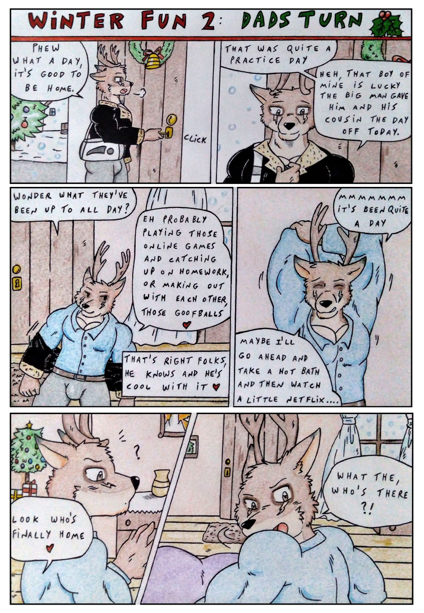 absurd_res anthro antlers bag black_clothing black_jacket black_nose black_topwear blitzen blue_clothing breathing brown_body brown_eyes brown_fur bulge carpet christmas christmas_decorations christmas_tree clothing comic comic_panel curtains dashthefox deer detailed detailed_background dialogue door door_handle doubt eyes_closed fur furniture garland hi_res holidays horn huge_pecs jacket male mammal manly muscular muscular_anthro muscular_arms muscular_male opening_door opening_jacket pecs plant snow snowing snowing_outside speech_bubble stretching stretching_arms talking_to_self tired topwear traditional_media_(artwork) tree vase