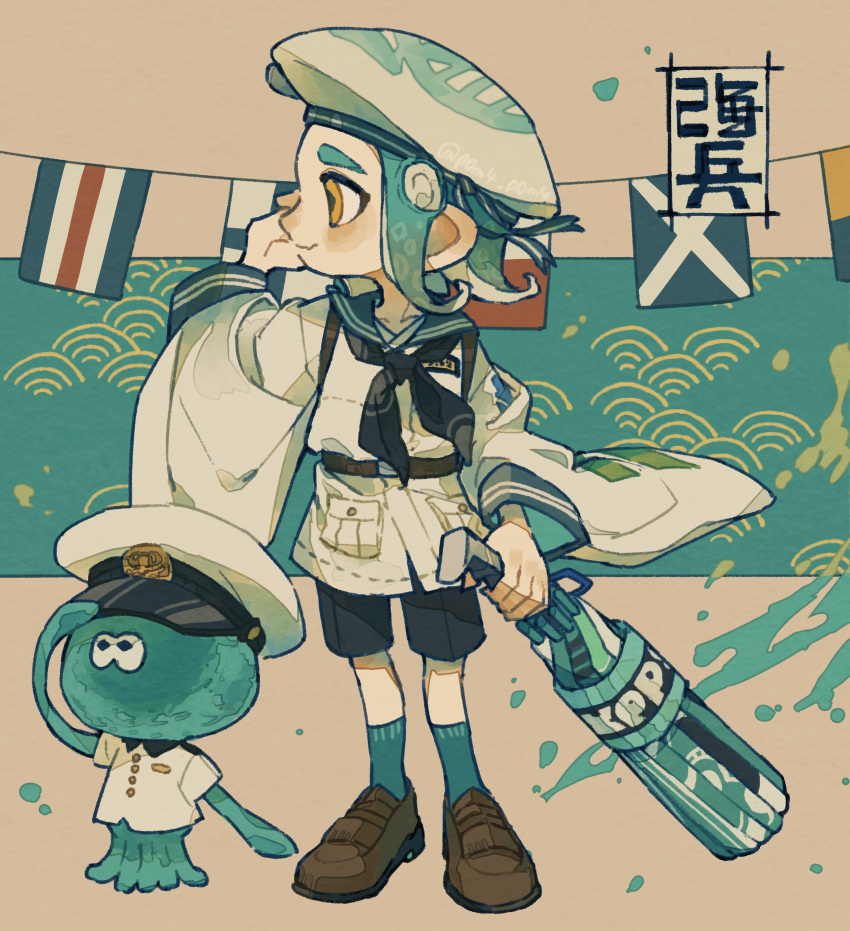 1boy absurdres aqua_hair aqua_socks beret black_shorts brown_footwear commentary_request flag full_body hat highres holding holding_weapon jellyfish_(splatoon) looking_to_the_side medium_hair octoling octoling_boy p0m4_p0m4 paint sailor_collar sailor_shirt shirt shoes shorts socks splat_brella_(splatoon) splatoon_(series) splatoon_3 standing tentacle_hair translation_request weapon white_background yellow_eyes