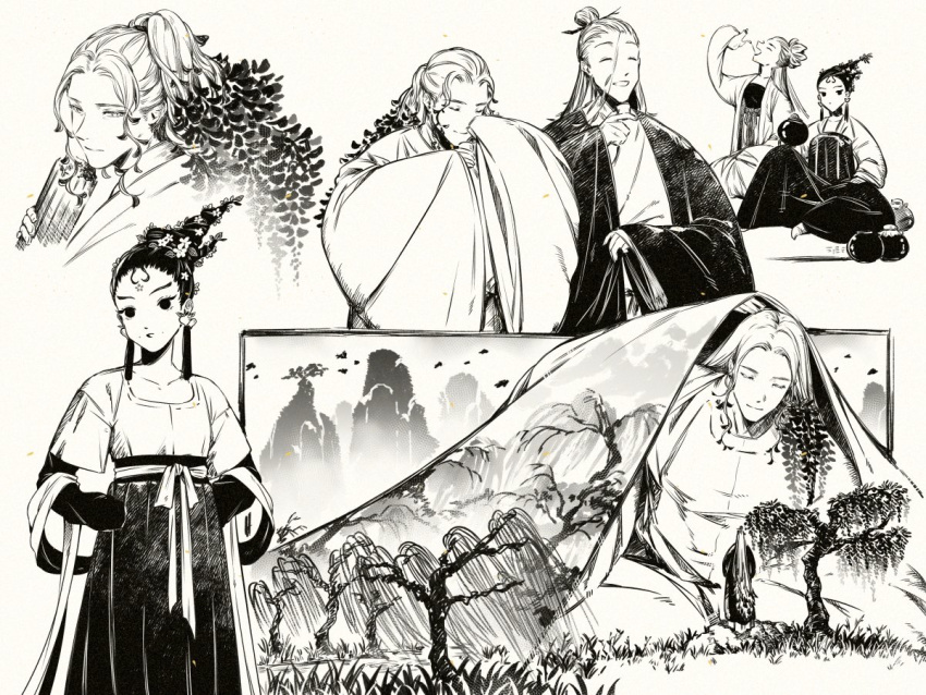 2boys 2girls ^_^ bamboo_scroll chinese_clothes closed_eyes coat covering_mouth cup dmuyaa earrings facial_mark facing_another facing_away flat_chest forehead_mark giant grass hair_bun hands_in_pockets hanfu holding holding_cup jar jewelry knee_up long_sleeves looking_at_viewer monochrome multiple_boys multiple_girls original parted_bangs plant_hair pleated_skirt ponytail pouring red_eyes robe sash shawl sidelocks simple_background single_hair_bun sitting size_difference skirt smile teapot tree under_covers updo wide_sleeves willow