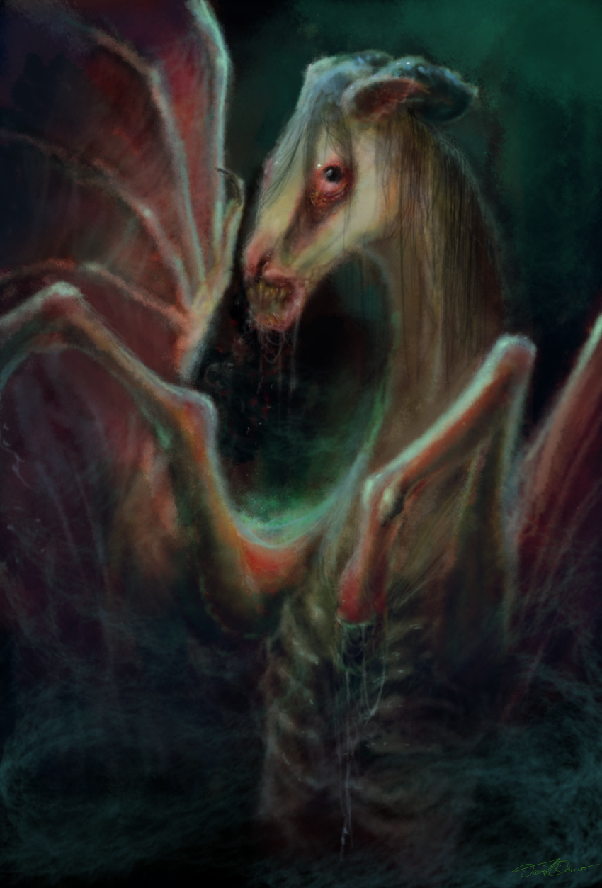 139:199 2014 2_horns absurd_res ambiguous_gender beady_eye black_eyes cinemamind cryptid digital_media_(artwork) digital_painting_(artwork) equid equine eye_bags feral half-length_portrait hi_res hooves horn jersey_devil mammal mane membrane_(anatomy) membranous_wings on_hind_legs portrait quadruped ribs signature solo teeth unguligrade wings