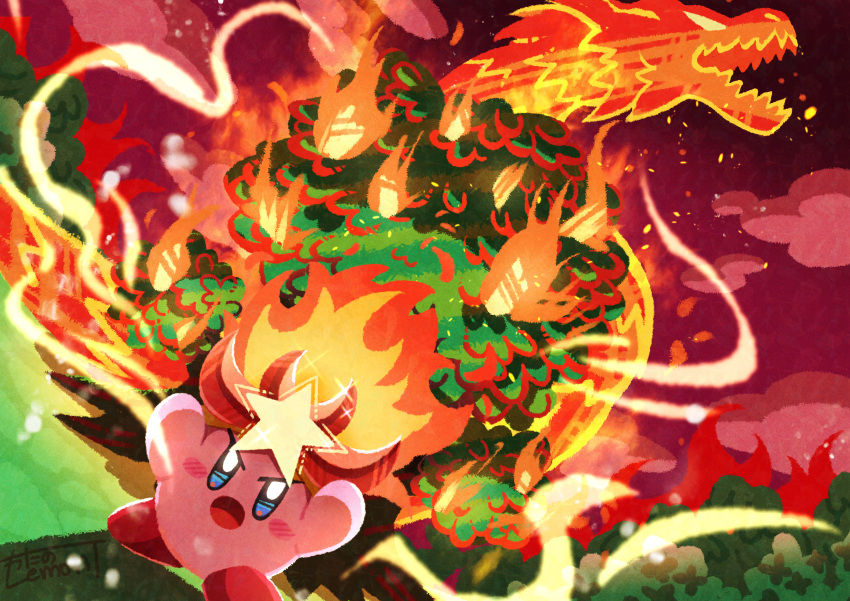absurdres blush_stickers cloud colored_skin dragon fire highres kirby kirby's_return_to_dream_land kirby_(series) monster_flame no_humans open_mouth pink_skin signature star_(symbol) tree watawata22