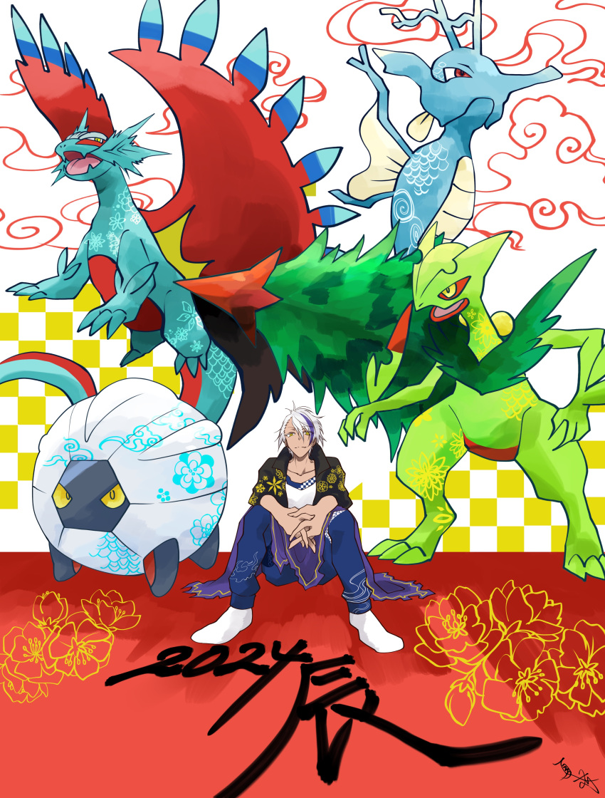 1boy 2024 absurdres blue_skin body_markings checkered_background chinese_zodiac claws cloud collarbone colored_sclera colored_skin commentary_request drayton_(pokemon) fangs fish highres kingdra mega_sceptile multicolored_background multicolored_hair nnatsukari open_mouth own_hands_together pokemon pokemon_(creature) pokemon_sv purple_hair red_eyes red_sclera roaring_moon sceptile seahorse shelgon short_hair sitting skin_fangs streaked_hair tail translation_request tree white_background white_hair wings year_of_the_dragon yellow_eyes